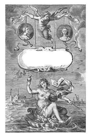 Photo for Venus on a shell with a burning heart and arrow floats off the coast of Zeeland, above it two medallions with portraits of Cloes and Blondae and cartouche with title held by Amor, Cornelis van Dalen. - Royalty Free Image