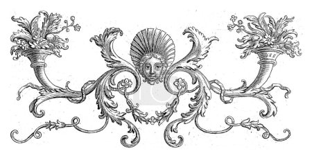 Photo for Ornament with a mascaron surrounded by leaf vines two horns with plants and flowers, Bernard Picart (workshop of), 1683 - 1733, vintage engraved. - Royalty Free Image