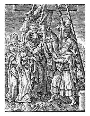 Foto de Descenso de la Cruz, Jerónimo Wierix, después de Maerten de Vos, 1563 - antes de 1619 El cuerpo de Cristo es bajado de la cruz por Nicodemo, José y dos hombres desconocidos. - Imagen libre de derechos