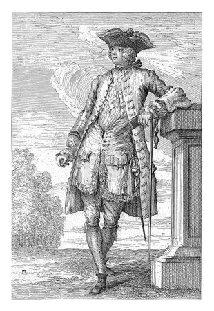 Photo for Fashion and Elegance: French Fashions of the 1720s, Franois Octavien, 1725 A nobleman dressed in the noble fashion of 1725, standing on a platform, leaning against a balustrade, slightly to the left - Royalty Free Image
