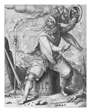 Photo for Depiction of the choleric temperament in the form of a middle-aged man in a fighting pose (a warrior), with a helmet on the head, a shield in the left hand, a dagger in the right hand - Royalty Free Image