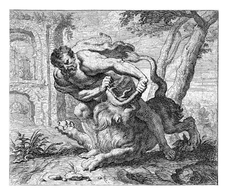 Téléchargez les photos : Samson et le lion, Erasmus Quellinus (II), d'après Peter Paul Rubens, 1617 - 1678 Devant une ruine, Samson se bat avec un lion, qu'il finira par tuer à mains nues. - en image libre de droit