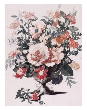 Foto de Jarrón de piedra con flores, anónimo, según Jean Baptiste Monnoyer, 1688 - 1698 Jarrón de piedra con flores. Junto al jarrón una ramita con una flor. - Imagen libre de derechos