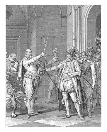 Foto de En su arresto el 10 de septiembre de 1567, el conde de Egmond entrega su espada a Alva. Esta impresión es parte de una serie de 24 grabados con escenas de la vida del príncipe Guillermo I, 1568-1584. - Imagen libre de derechos