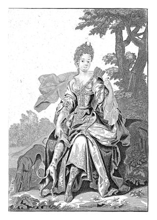 Téléchargez les photos : Portrait de Clara Juliana, comtesse de Nassau-Siegen, anonyme, vers 1675 - 1711 Portrait de Clara Juliana. Dans sa main gauche un arc. Deux chiens à gauche. Deux lignes de texte latin dans la marge inférieure. - en image libre de droit