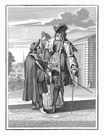 Foto de Reuk, Caspar Luyken, 1698 - 1702 Una pareja noble está caminando por la calle y son abordados por un vendedor ambulante. El noble se pone la mano en la nariz para inhalar el tabaco que el vendedor ofrece.. - Imagen libre de derechos