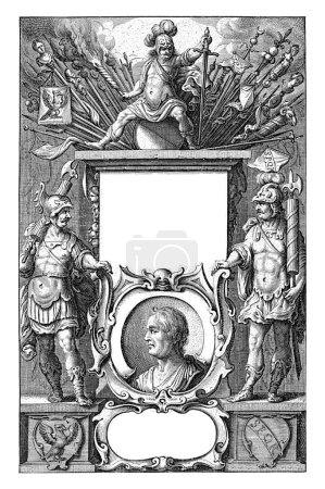 Photo for God Mars enthroned on a column with spoils of war and portrait of Publius Cornelius Tacitus in a cartouche flanked by two Roman soldiers. - Royalty Free Image