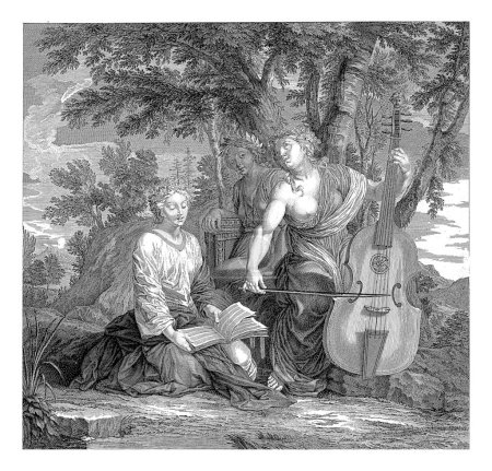 Foto de Paisaje con tres musas para hacer música, Bernard Picart, después de Eustache Lesueur, 1683 - 1733 Paisaje con una musa tocando el violonchelo, una musa con un libro de canciones abierto en su regazo y una tercera musa. - Imagen libre de derechos