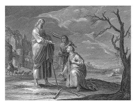 Téléchargez les photos : Elie rencontre la veuve de Sarepta et son fils, qui ramassent du bois devant la porte de la ville. Au texte biblique dans 1 Rois. 17 h 10 - en image libre de droit