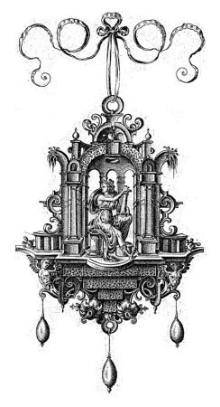 Foto de Colgante (Pendeloque) con Fortitudo, H. Collaert, después de Monogrammist EVG, 1555 - 1576 Una de las 9 hojas, de una serie de 12. Seis hojas tienen una figura en el nicho. - Imagen libre de derechos