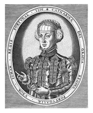 Foto de Retrato de Catalina de Habsburgo, Reina de Portugal, de medio cuerpo a la izquierda en un marco ovalado con letras en latín. - Imagen libre de derechos