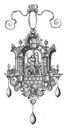 Foto de Colgante con Victoria?, Hieronymus Wierix, 1563 - 1619 Una de las 9 hojas, de una serie de 12. Seis hojas tienen una figura en el nicho. Tres perlas cuelgan de cada colgante. - Imagen libre de derechos