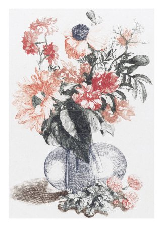 Téléchargez les photos : Vase en verre avec différentes fleurs et un tournesol, anonyme, d'après Jean Baptiste Monnoyer, 1688-1698, gravé vintage. - en image libre de droit