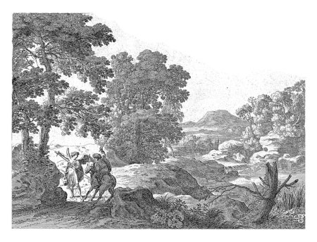 Photo for Hilly landscape with trees, in the left foreground Balaam is depicted sitting on a recoiling donkey. In his right hand he holds a sword and in front of him stands an angel - Royalty Free Image