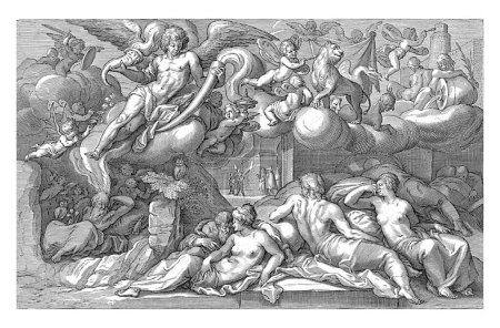 Téléchargez les photos : Nacht (Nox), Jacob Matham, d'après Karel van Mander (I), 1601 - 1605 Nacht. Représentation allégorique de la nuit. A gauche, un homme endormi avec une chouette et un tas de coquelicots à la main. - en image libre de droit