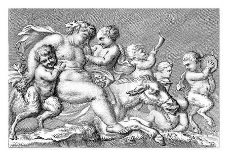 Téléchargez les photos : L'ivrogne Bacchus est assis sur son âne et soutenu par des satyres. Une procession de putti marche devant eux. L'un d'eux souffle une corne, l'autre bat un tambourin. - en image libre de droit