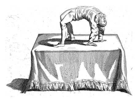 Tirage de titre pour une série avec acrobates, anonyme, d'après Gerardus Josephus Xavery, 1728 Tirage de titre pour une série avec acrobates, avec le titre sur une table sur laquelle un acrobate se tient dans un pont.