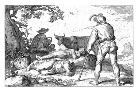 Photo for Five herders sit or lie under a tree in a rural setting. Next to them is a bull. Print four from a series of four pastoral scenes. - Royalty Free Image