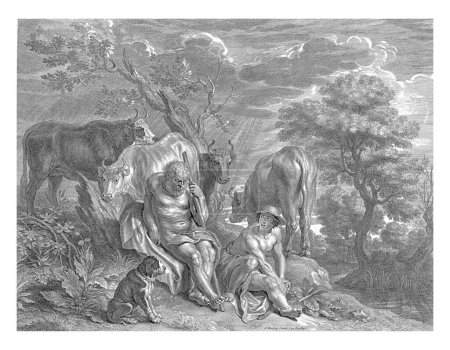Photo for Argus falls asleep and Mercury grabs his sword to kill the shepherd-clad man. Behind them are cows including the white cow Io. - Royalty Free Image