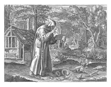 Téléchargez les photos : Saint Didyme de Nitrie comme ermite. Il lit la Bible en marchant. Autour de lui sur le sol rampent serpents et autres animaux maléfiques (crapauds, scorpions et reptiles). - en image libre de droit