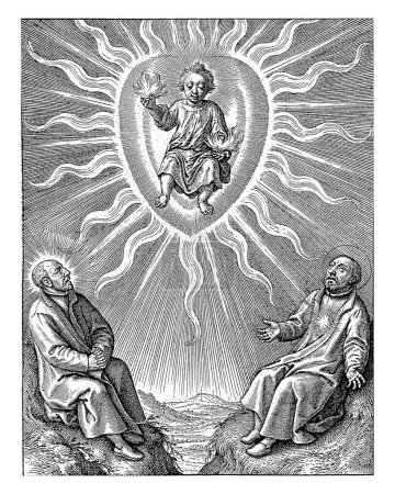 El Niño Jesús se sienta en un corazón en llamas, en sus manos también las llamas. Mira hacia abajo a los jesuitas Ignacio Loyola y Francisco Javier.