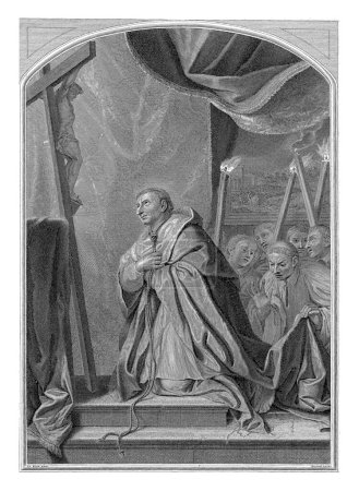Foto de San Carlos Borromeo, anónimo, después de Gerard Edelinck, después de Charles Le Brun, 1666 - 1757 San Carlos Borromeo descalzo y atado alrededor del cuello con un cordón, arrodillado ante un crucifijo. - Imagen libre de derechos