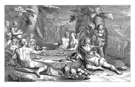 Photo for Sinful Life in the Days of Noah, Cornelis Galle (I), after Gerrit Pietersz. Sweelink, c. 1612 - c. 1676 Young people enjoy an outdoor banquet. Half-naked men and women sit at a low round table. - Royalty Free Image