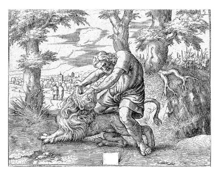 Foto de Sansón mata al león, Cornelis Massijs, 1549 Sansón mata al león con sus propias manos, separando las mandíbulas del animal. Al fondo un paisaje con dos figuras y una ciudad. - Imagen libre de derechos