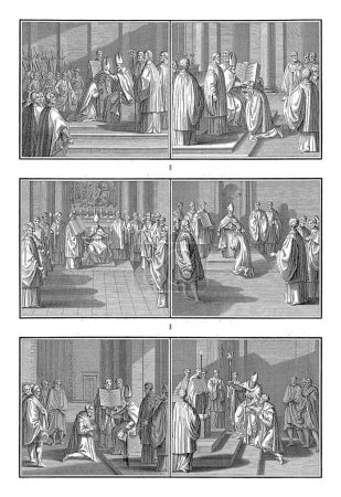 Photo for Church ban in the Roman Catholic Church, Bernard Picart (workshop of), 1723 Sheet with six representations of punishments, excommunication and restoration in the Roman Catholic Church. - Royalty Free Image