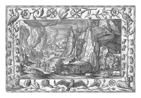 Rocky landscape with the burning cities of Sodom and Gomorrah in the background. In the foreground the flight of Lot and his family. His wife has turned into a pillar of salt.