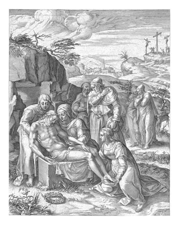 Téléchargez les photos : Tombeau du Christ, Cornelis Cort, d'après Giulio Clovio, 1568 Devant l'ouverture d'un rocher, le corps du Christ repose sur une pierre, soutenu par Marie et Jean. - en image libre de droit