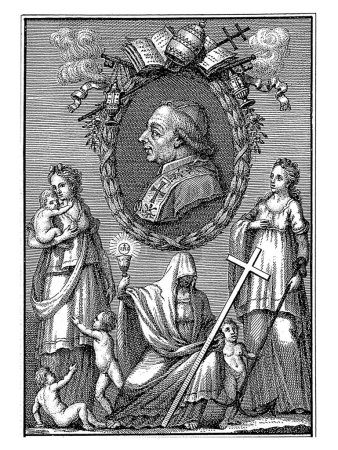 Foto de Retrato del Papa Pío VI en un marco oval. Encima de la lista de atributos papales. Debajo del retrato tres mujeres y cuatro niños. - Imagen libre de derechos