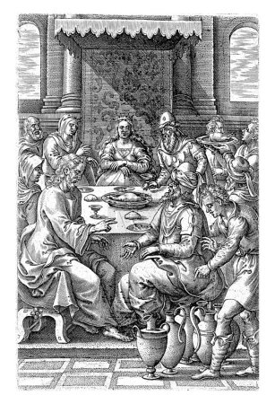 Photo for Wedding at Cana, Johannes Wierix, after Pieter van der Borcht, 1571 The bridal couple and the guests sit around a table. Christ blesses the wine vats and turns the water in the vats into wine. - Royalty Free Image