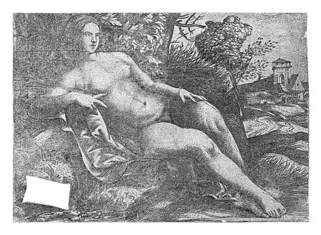 Téléchargez les photos : Vénus couchée dans le paysage, Domenico Campagnola, 1517, gravé vintage. - en image libre de droit