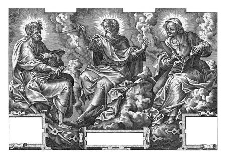 Photo for The apostles Simon Zelotes, Judas Thadeus and Matthias with a halo around their heads, seated among the clouds with their attributes, respectively saw, square and axe. - Royalty Free Image
