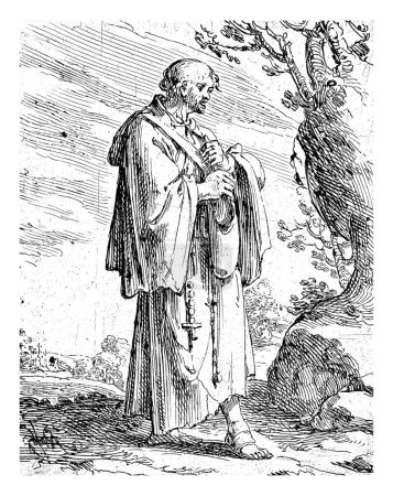 Téléchargez les photos : Mendicant Monk, Andries Both, v. 1622 - c. 1642 Un moine mendiant, debout dans un paysage, vintage gravé. - en image libre de droit