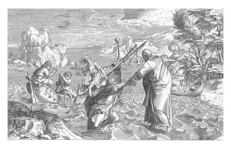 Photo for Christ walks across the water to a fishing boat with apostles; the waves carry him. Peter walks towards him, but sinks. Christ pulls him out of the water by the hand. - Royalty Free Image