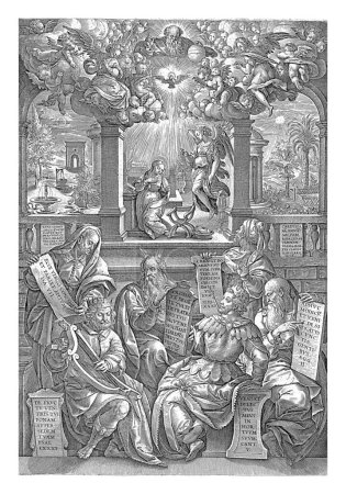 Foto de Los seis profetas que anunciaron la venida de Cristo, sentados junto a una escalera que conduce a una habitación en la que el ángel Gabriel anuncia el nacimiento de Cristo a María. - Imagen libre de derechos