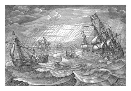 Foto de Autumn, Robert de Baudous, después de Cornelis Claesz. van Wieringen, 1591 - 1618 Paisaje marino con tormenta y lluvia. Con una leyenda en latín. Impresión de una serie con las cuatro estaciones representadas como paisajes marinos. - Imagen libre de derechos