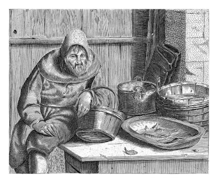 Photo for Fishmonger, Hendrik Bary, 1657 - 1707 An old fishmonger sits on a table with buckets and tubs of fish. - Royalty Free Image