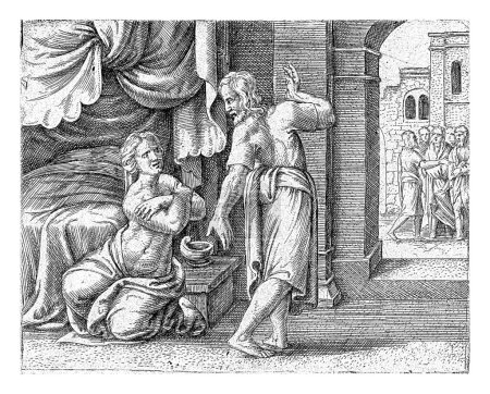 Photo for Samson's wife begs him to reveal the solution to the riddle, Cornelis Massijs, 1549 The Philistine woman kneels next to a bed and begs Samson to tell her the solution to his riddle. - Royalty Free Image