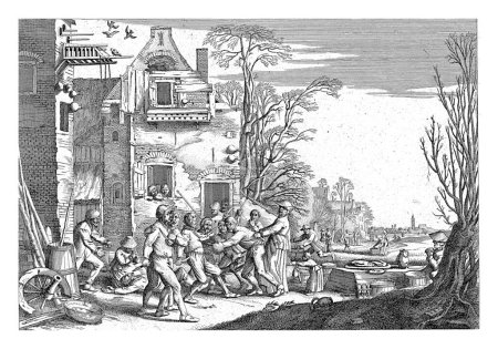 Téléchargez les photos : Winter (Hyems), Jan van de Velde (II), 1749 - 1756 Farmers fighting in front of a house. Imagination de la saison de l'hiver. - en image libre de droit