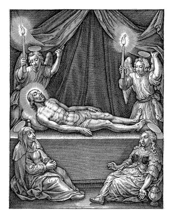 Foto de Lamentación de Cristo, Antonie Wierix (III), después de Hieronymus Wierix, 1606 - antes de 1619 El cuerpo de Cristo yace en estado en su tumba. María, María Magdalena y dos ángeles lloran su cuerpo. - Imagen libre de derechos