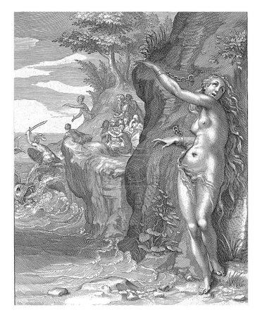 Photo for Andromeda is chained to the rock. On the left, Perseus is fighting the monster. From the side, some figures watch, including Andromeda's parents King Cepheus and Queen Cassiopeia. - Royalty Free Image