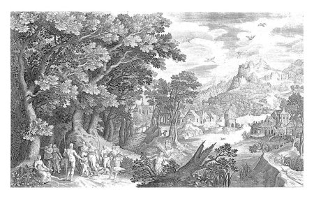 Téléchargez les photos : Arrêt de Paris, Nicolaes de Bruyn, d'après Gilles van Coninxloo (II), 1670 - 1711 Un paysage avec le jugement de Paris au premier plan à gauche. - en image libre de droit