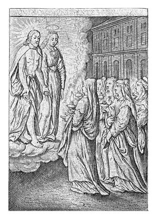 Foto de Las cinco vírgenes sabias, Jerónimo Wierix, 1563 - antes de 1619 Cristo y María aparecen a las cinco vírgenes sabias. Todas las vírgenes tienen sus lámparas de aceite en sus manos. - Imagen libre de derechos