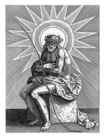 Foto de Cristo sobre la Piedra Fría, Jerónimo Wierix, después de Jan van der Straet, 1563 - antes de 1612 El pensativo Cristo se sienta acurrucado sobre una piedra, esperando su crucifixión. En su mano sostiene una caña. - Imagen libre de derechos