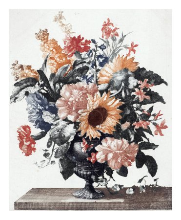 Téléchargez les photos : Vase en pierre avec tournesols et oeillets, anonyme, d'après Jean Baptiste Monnoyer, 1688-1698, gravé vintage. - en image libre de droit
