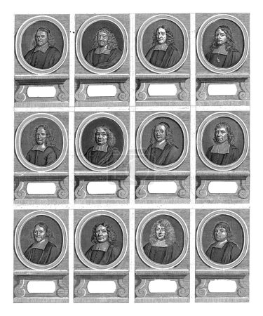 Foto de Mitad izquierda con doce retratos de los retratos de dos páginas de veinticuatro pastores de Amsterdam, que trabajaron para la Iglesia Reformada entre 1681-1686. - Imagen libre de derechos