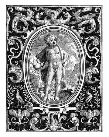 Elemento de fuego como un joven con un rayo en un marco con adornos, Nicolaes de Bruyn, 1582 - 1635 Elemento de fuego como un joven de pie con un rayo en la mano.